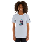 Woman wearing light blue t-shirt with colorful slot machine graphic featuring lucky 7s and diamonds