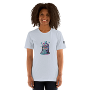 Woman wearing light blue t-shirt with colorful slot machine graphic featuring lucky 7s and diamonds