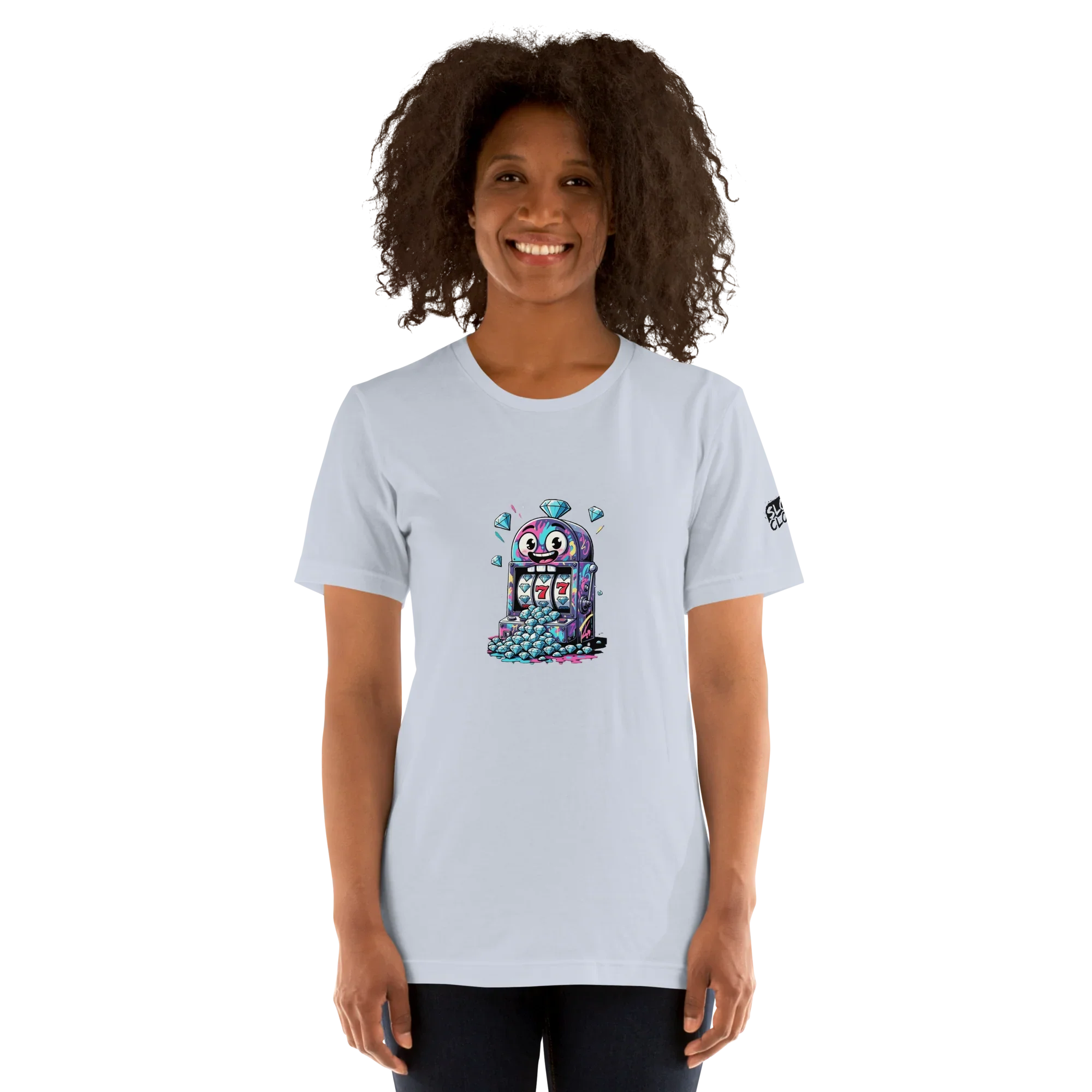 Woman wearing light blue t-shirt with colorful slot machine graphic featuring lucky 7s and diamonds