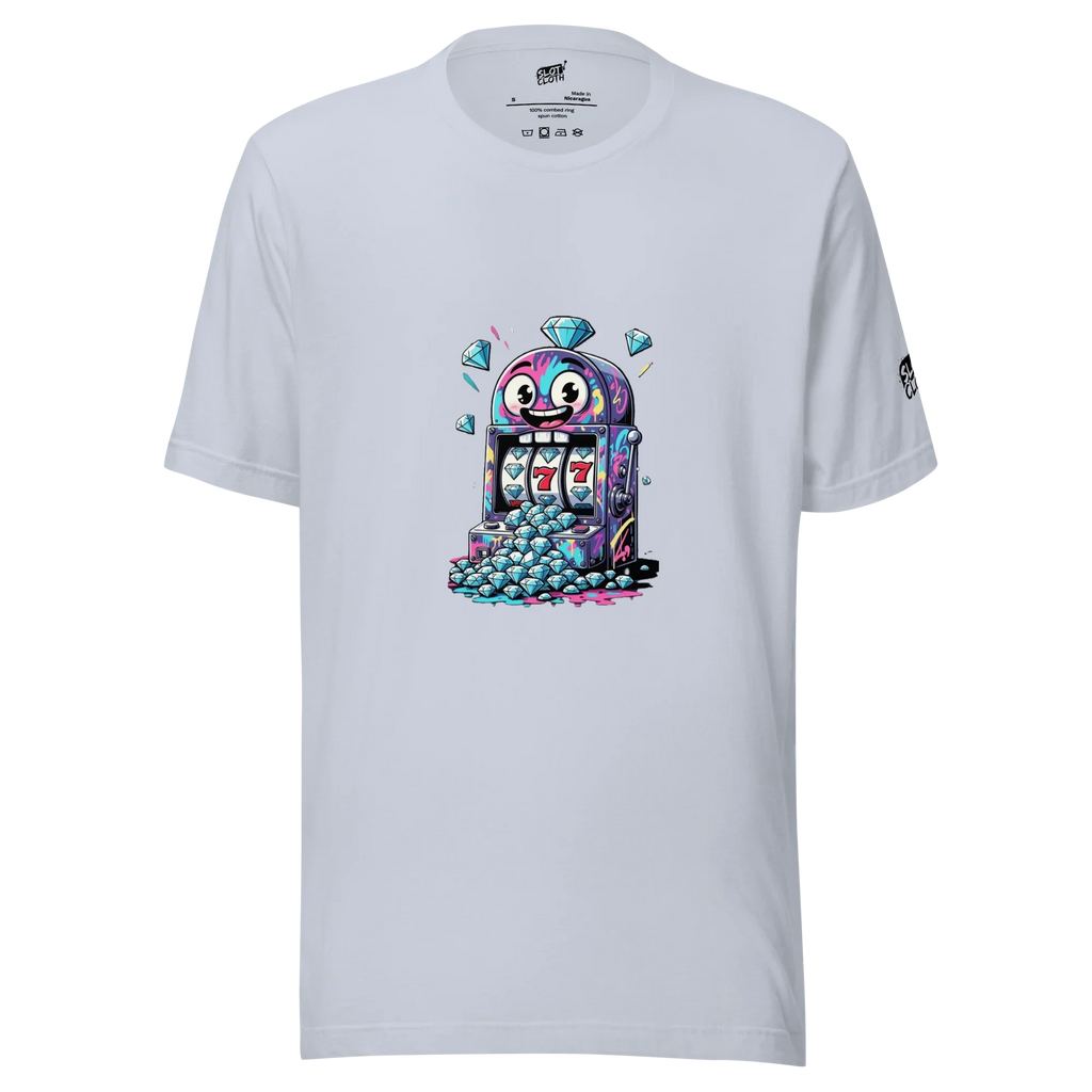 White t-shirt with colorful cartoon slot machine graphic, featuring lucky 7s and diamonds, perfect for casino fans.
