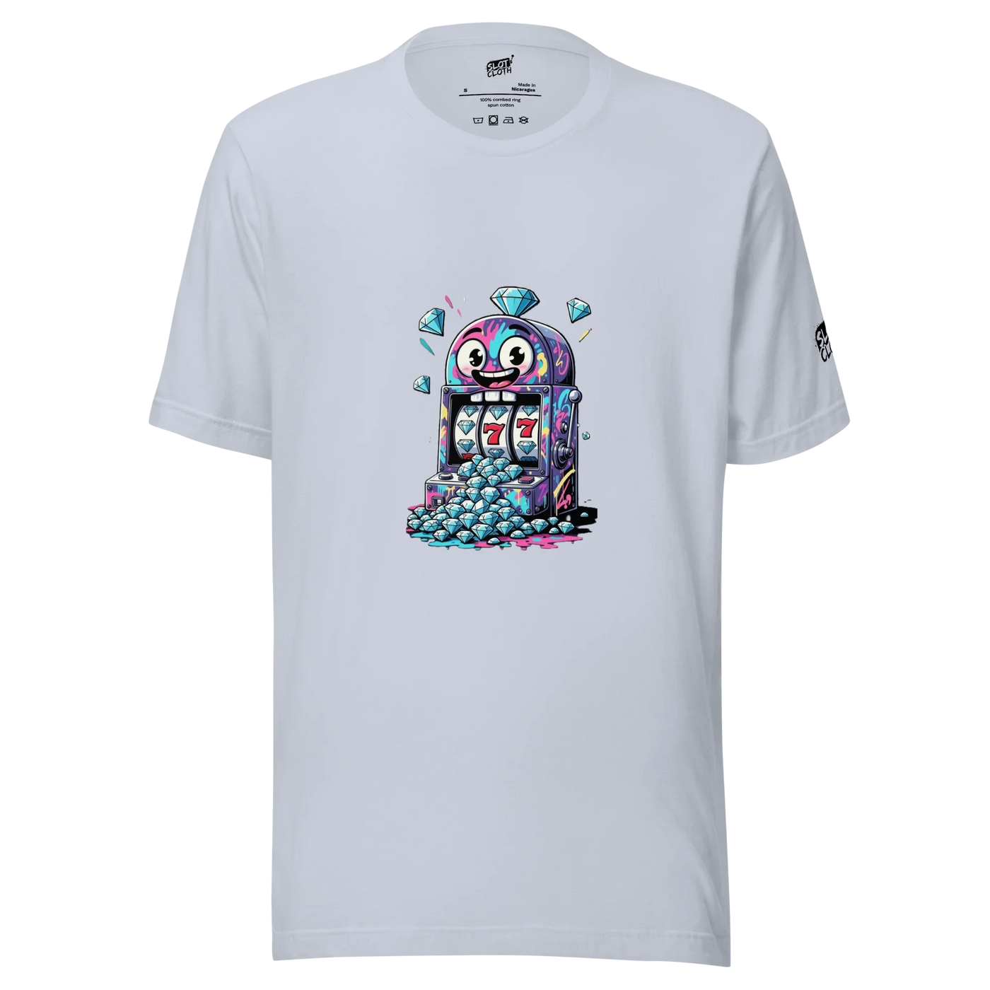 White t-shirt with colorful cartoon slot machine graphic, featuring lucky 7s and diamonds, perfect for casino fans.