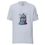 White t-shirt with colorful cartoon slot machine graphic, featuring lucky 7s and diamonds, perfect for casino fans.