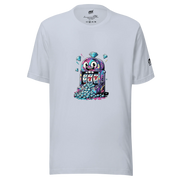 White t-shirt with colorful cartoon slot machine graphic, featuring lucky 7s and diamonds, perfect for casino fans.