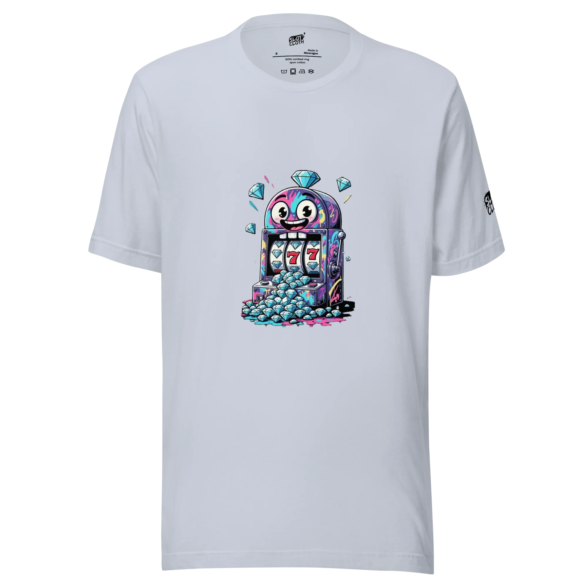 White t-shirt with colorful cartoon slot machine graphic, featuring lucky 7s and diamonds, perfect for casino fans.