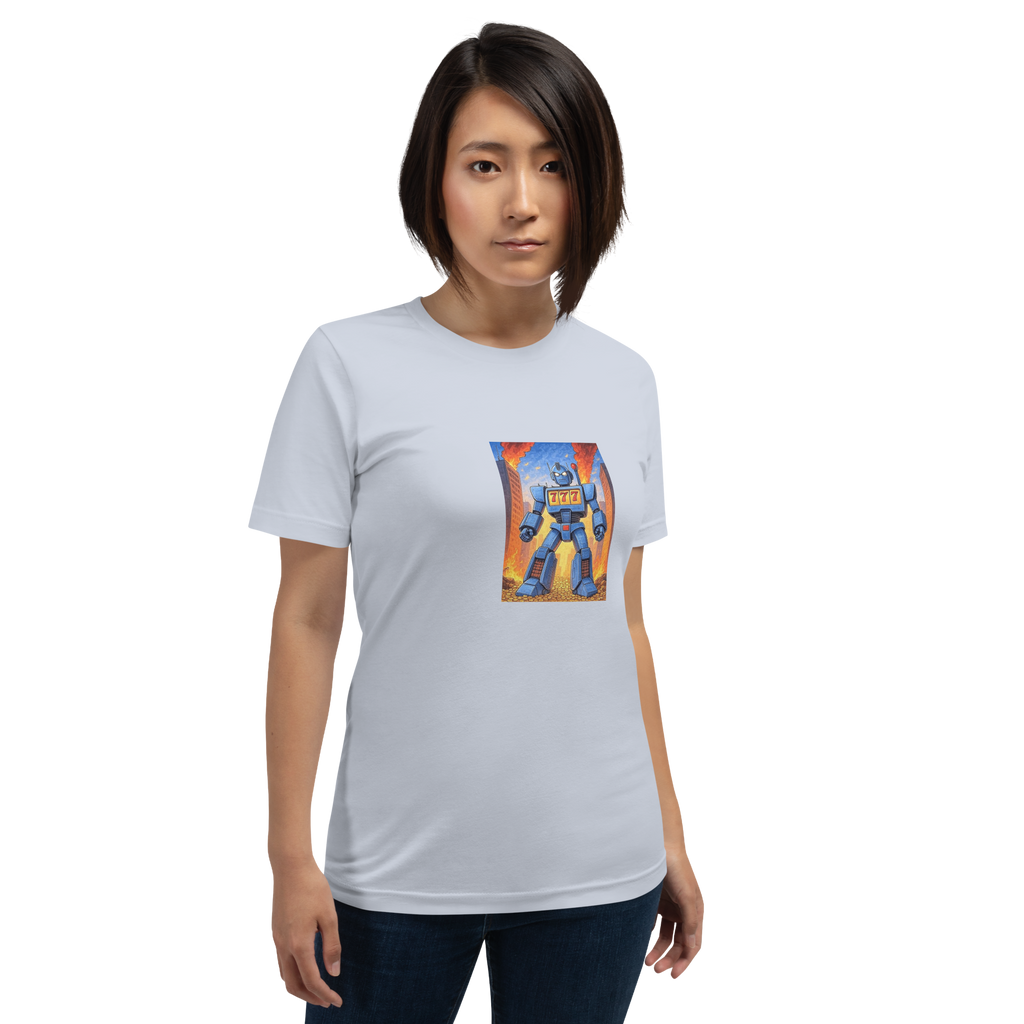 Woman wearing slot-themed t-shirt with blue robot and 777 design