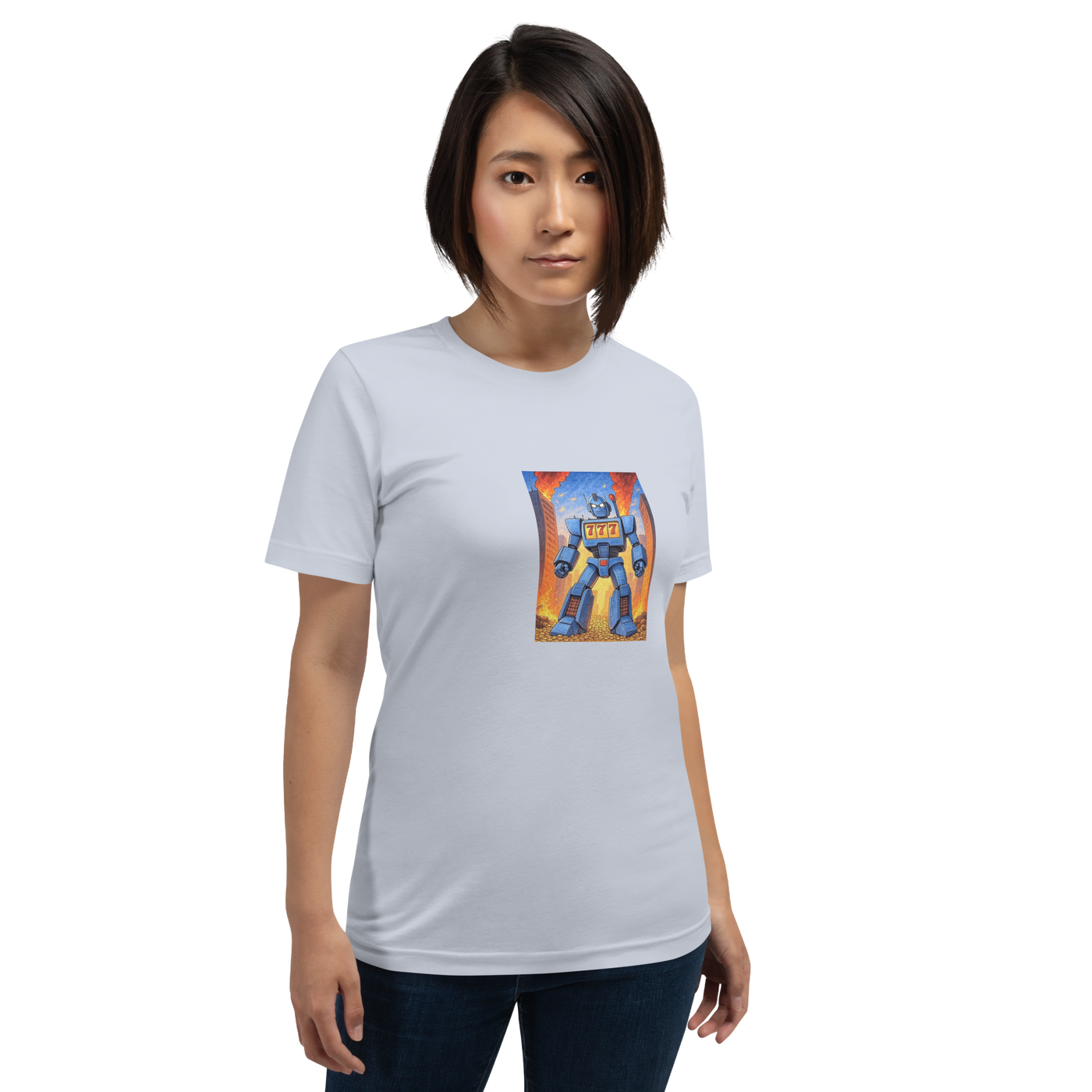 Woman wearing slot-themed t-shirt with blue robot and 777 design