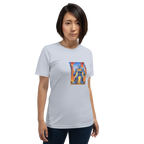Woman wearing slot-themed t-shirt with blue robot and 777 design