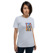 Woman wearing slot-themed t-shirt with blue robot and 777 design