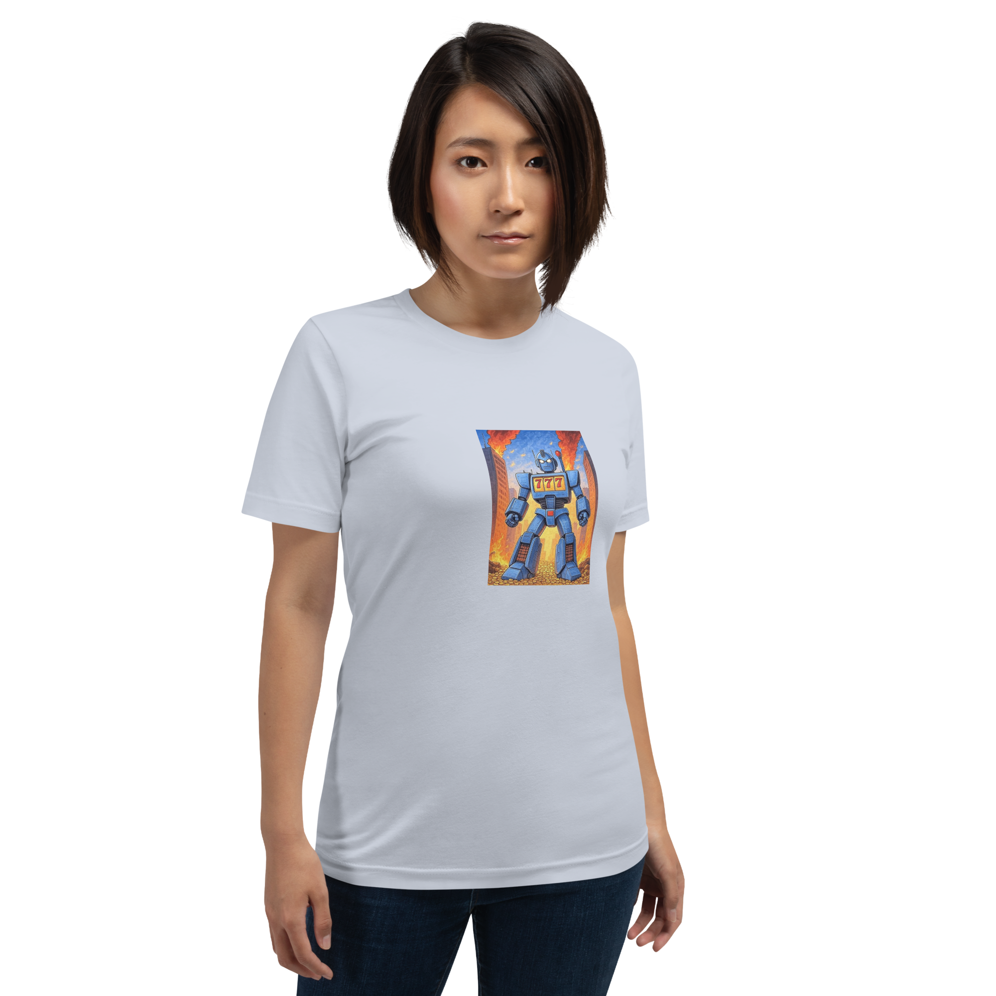 Woman wearing slot-themed t-shirt with blue robot and 777 design