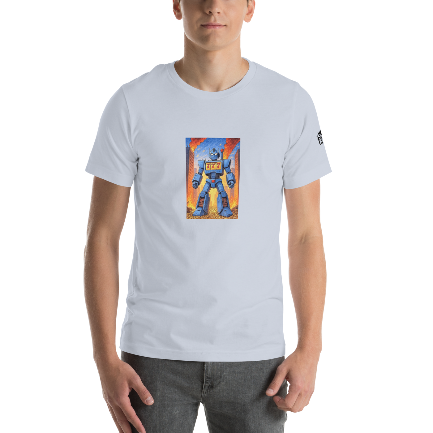 Blue robot with 777 design on white t-shirt, slot-themed apparel for players