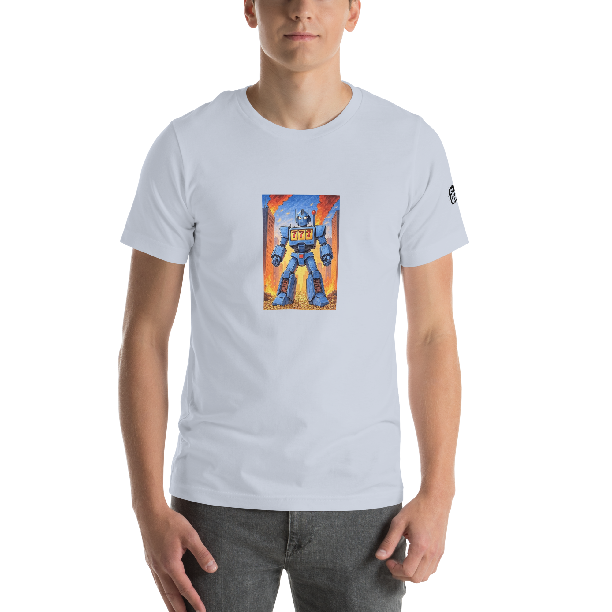 Blue robot with 777 design on white t-shirt, slot-themed apparel for players