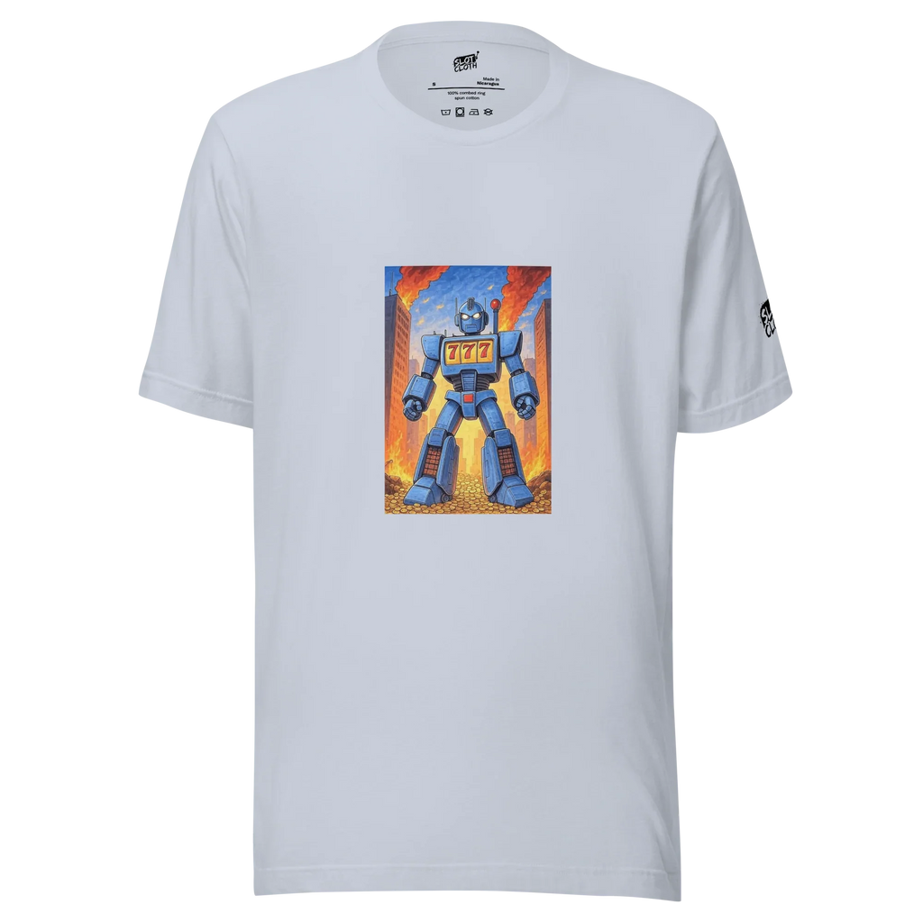 White t-shirt with blue robot graphic featuring 777 slot machine design, cityscape background
