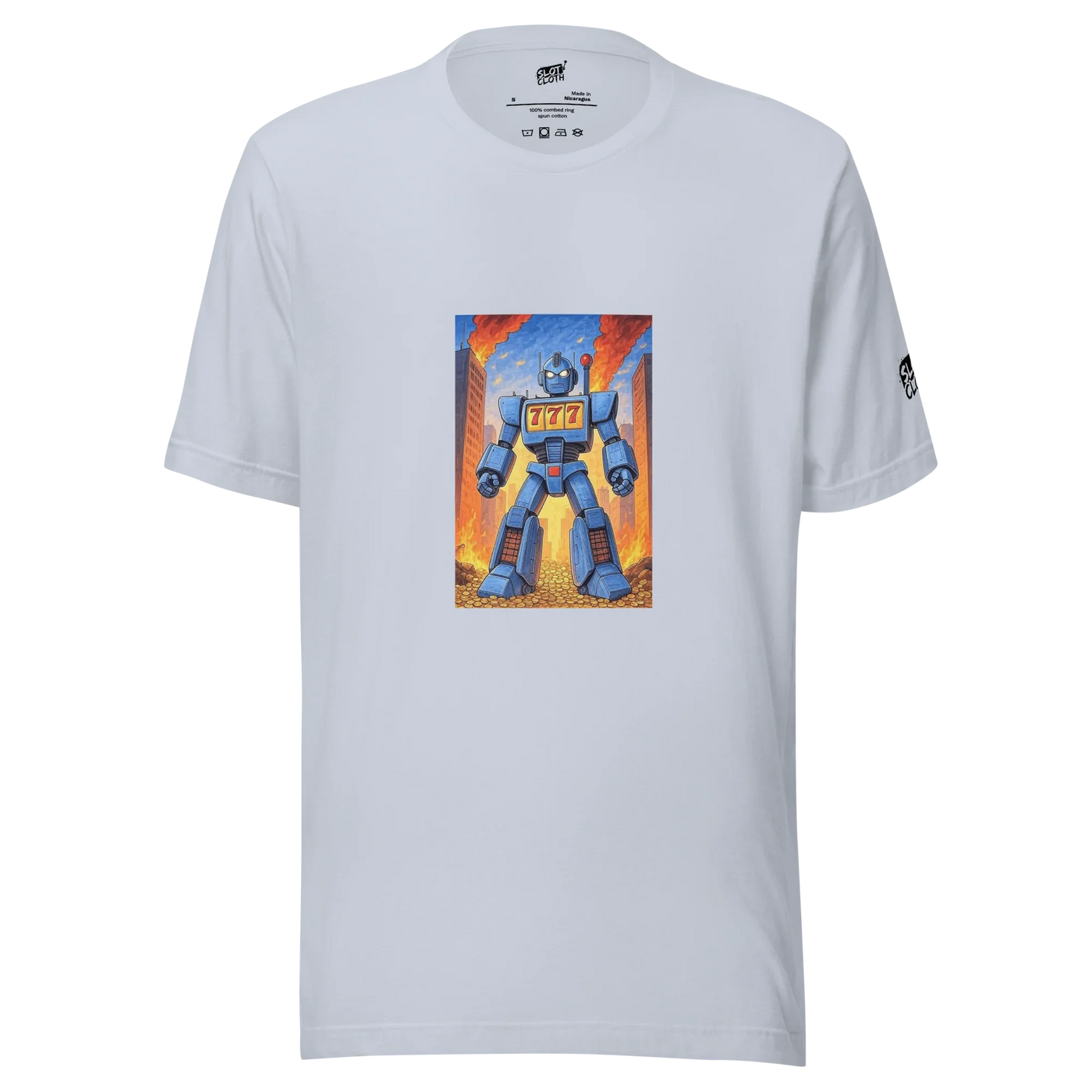 White t-shirt with blue robot graphic featuring 777 slot machine design, cityscape background