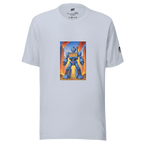 White t-shirt with blue robot graphic featuring 777 slot machine design, cityscape background