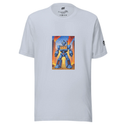 White t-shirt with blue robot graphic featuring 777 slot machine design, cityscape background