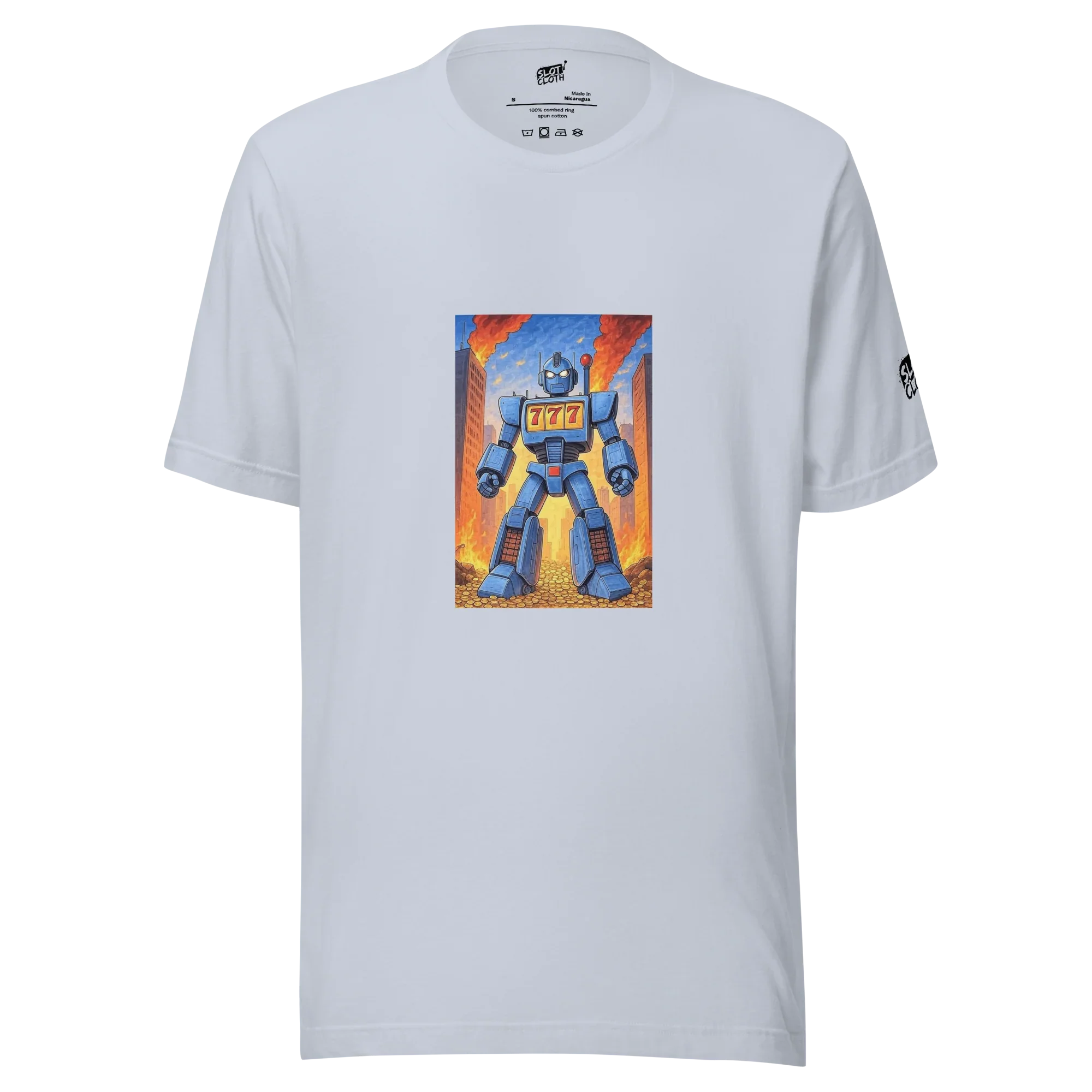 White t-shirt with blue robot graphic featuring 777 slot machine design, cityscape background