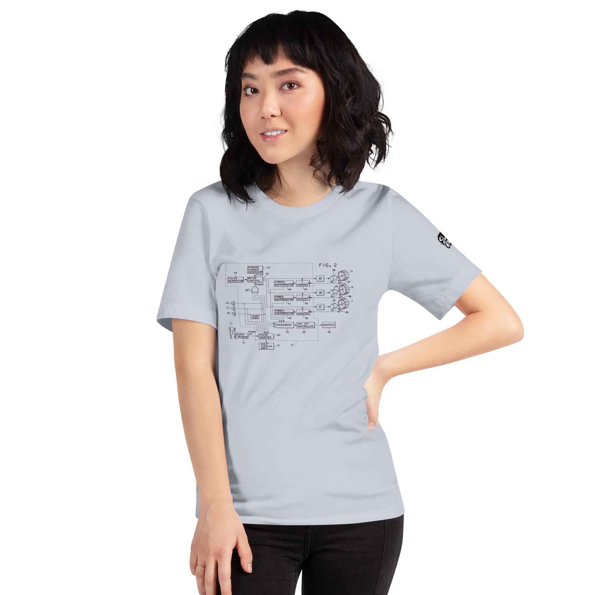 Light gray t-shirt with slot machine circuit diagram design for players and professionals