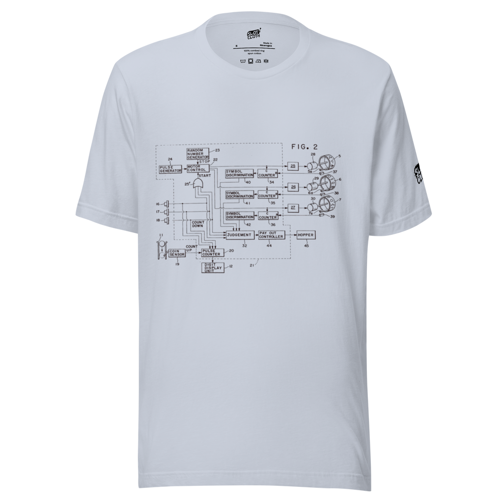 White t-shirt with slot machine circuit diagram print, quirky gaming apparel for players