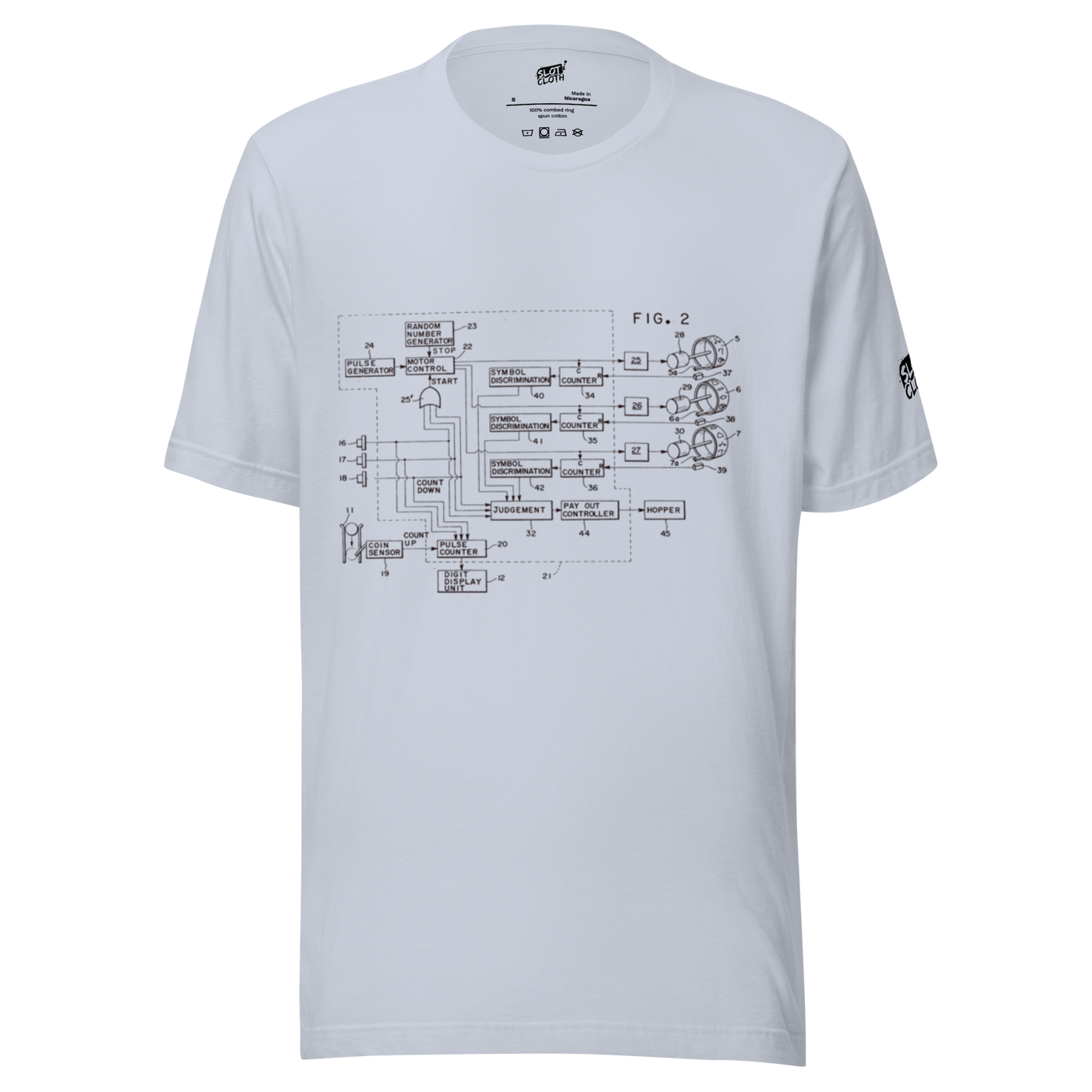 White t-shirt with slot machine circuit diagram print, quirky gaming apparel for players
