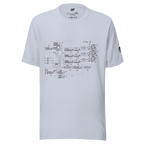 White t-shirt with slot machine circuit diagram print, quirky gaming apparel for players