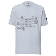 White t-shirt with slot machine circuit diagram print, quirky gaming apparel for players