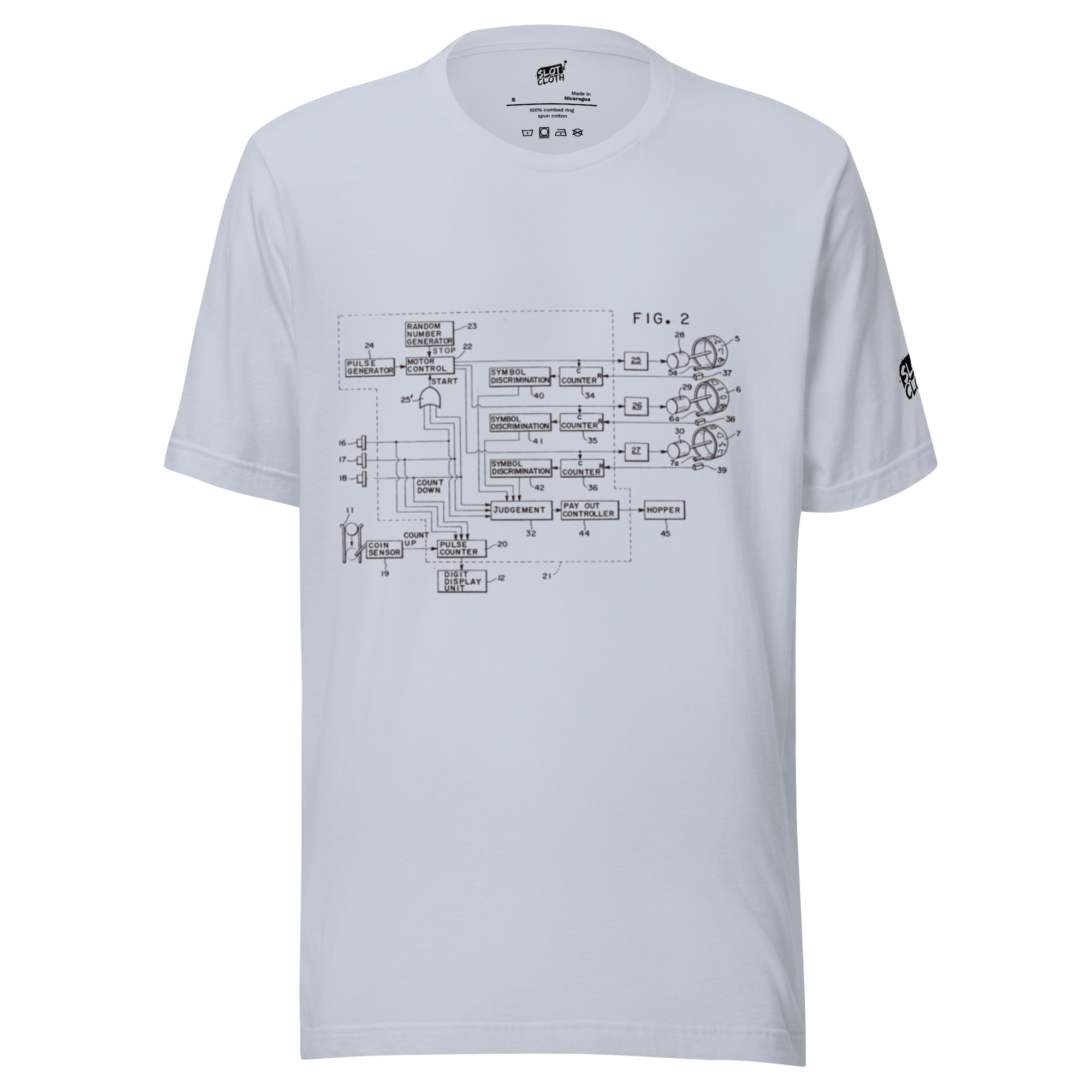 White t-shirt with slot machine circuit diagram print, quirky gaming apparel for players