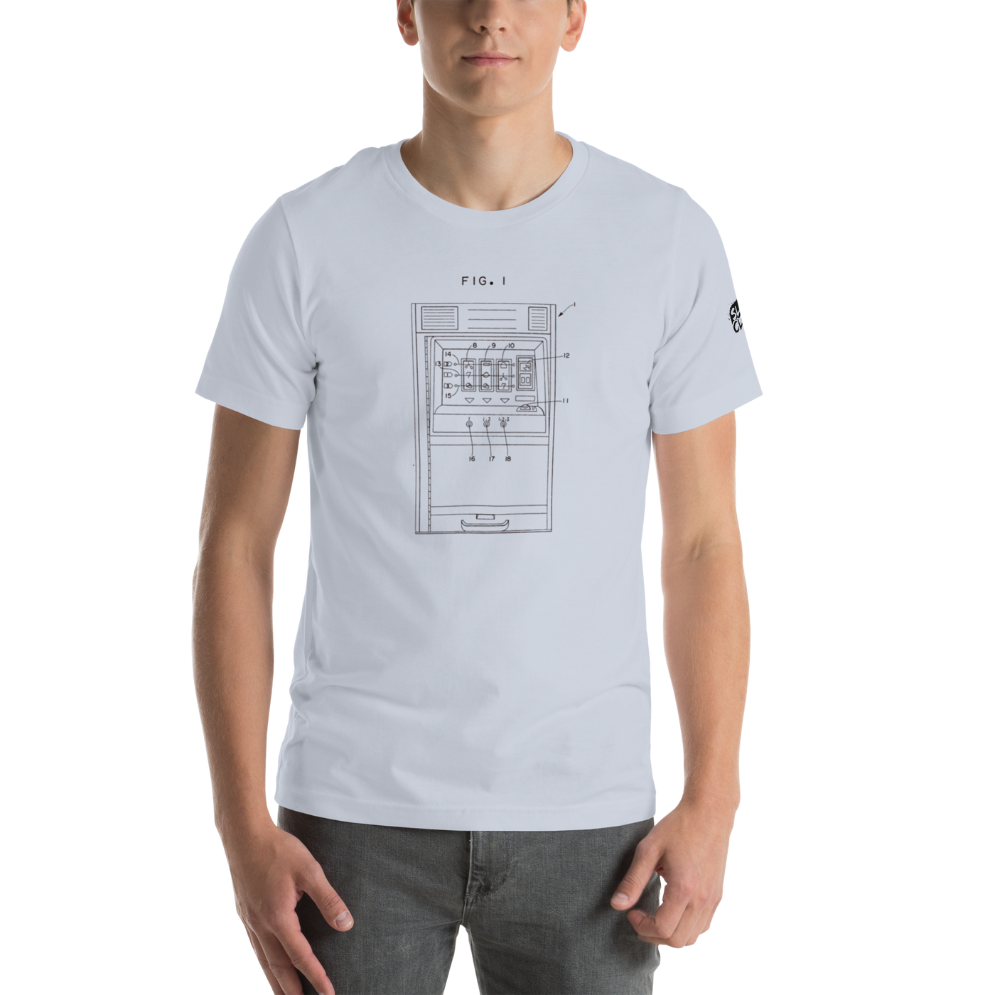 White t-shirt with slot machine patent diagram design, quirky casino-themed apparel for players