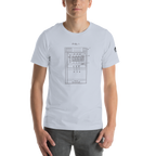 White t-shirt with slot machine patent diagram design, quirky casino-themed apparel for players
