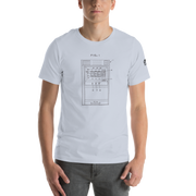 White t-shirt with slot machine patent diagram design, quirky casino-themed apparel for players