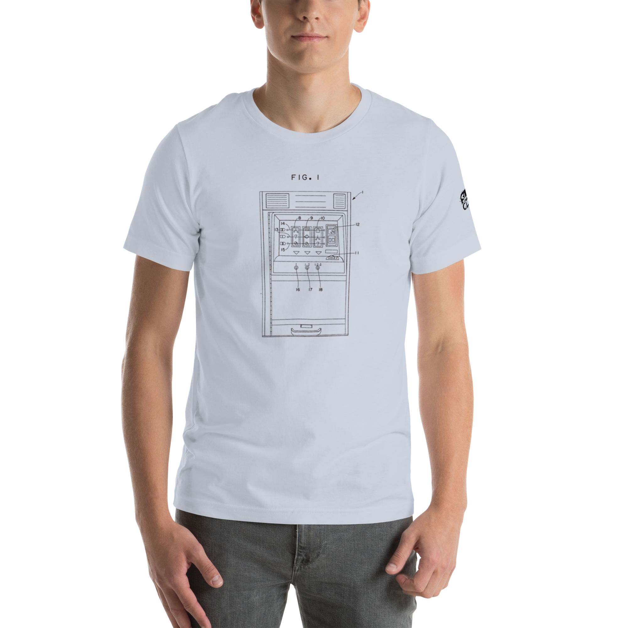 White t-shirt with slot machine patent diagram design, quirky casino-themed apparel for players