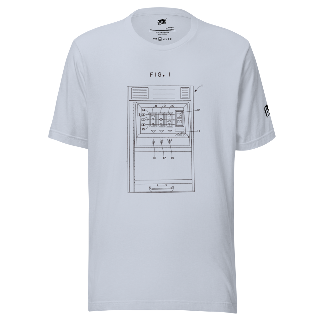 White t-shirt with slot machine blueprint graphic, FIG. 1 design for casino fans and players