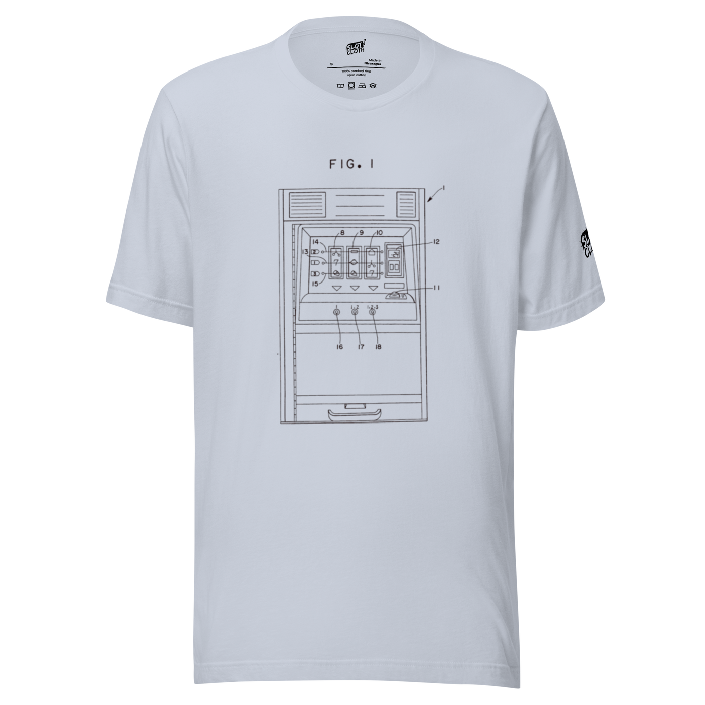 White t-shirt with slot machine blueprint graphic, FIG. 1 design for casino fans and players