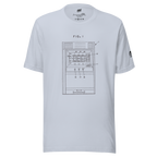 White t-shirt with slot machine blueprint graphic, FIG. 1 design for casino fans and players