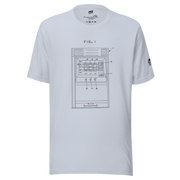 White t-shirt with slot machine blueprint graphic, FIG. 1 design for casino fans and players