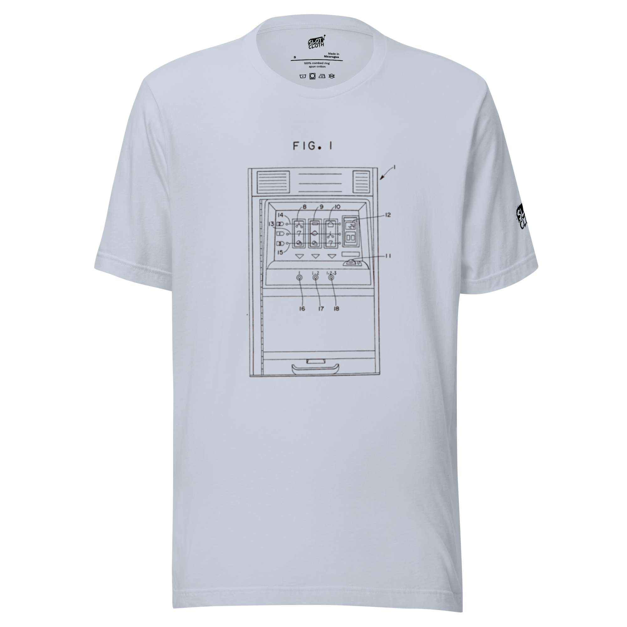 White t-shirt with slot machine blueprint graphic, FIG. 1 design for casino fans and players