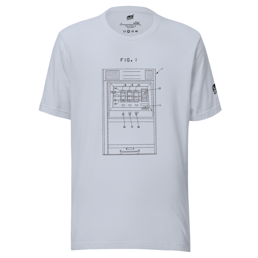 White t-shirt with slot machine blueprint graphic, FIG. 1 design for casino fans and players
