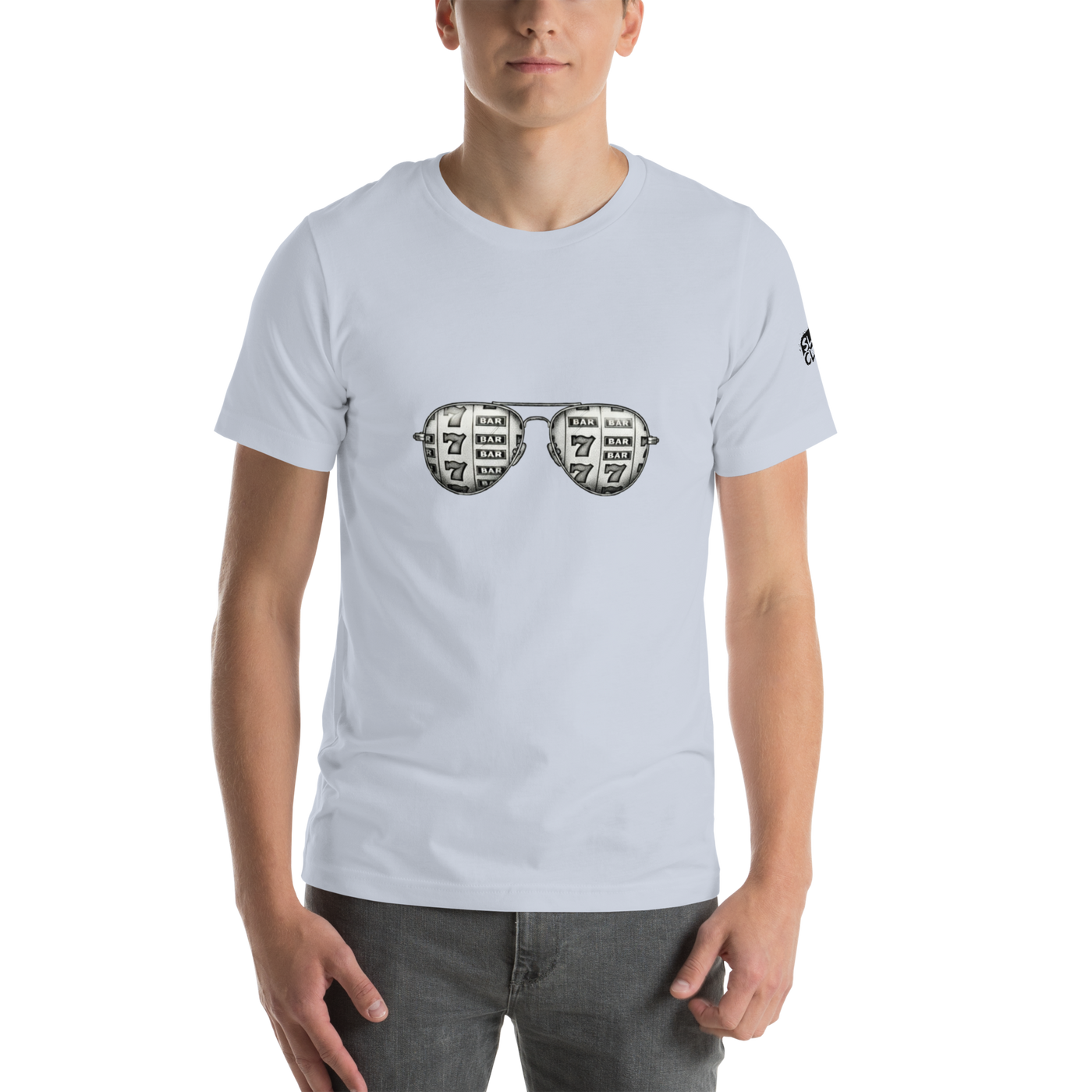 White t-shirt with slot machine sunglasses graphic, featuring lucky 7s and BAR symbols for casino-themed apparel.