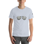 White t-shirt with slot machine sunglasses graphic, featuring lucky 7s and BAR symbols for casino-themed apparel.