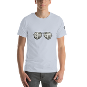White t-shirt with slot machine sunglasses graphic, featuring lucky 7s and BAR symbols for casino-themed apparel.