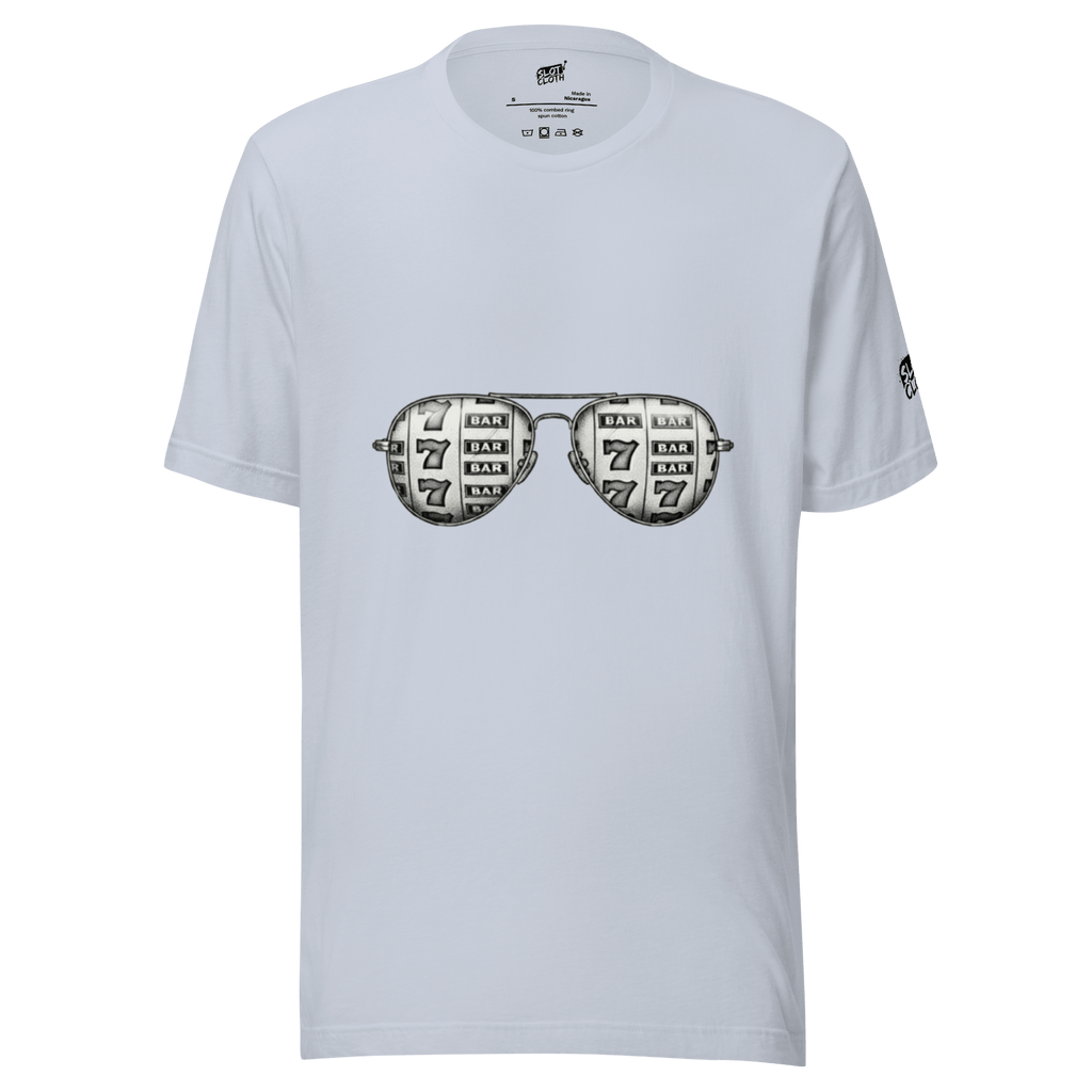 White t-shirt with slot machine sunglasses graphic, featuring 7s and BAR symbols for casino-themed fashion.