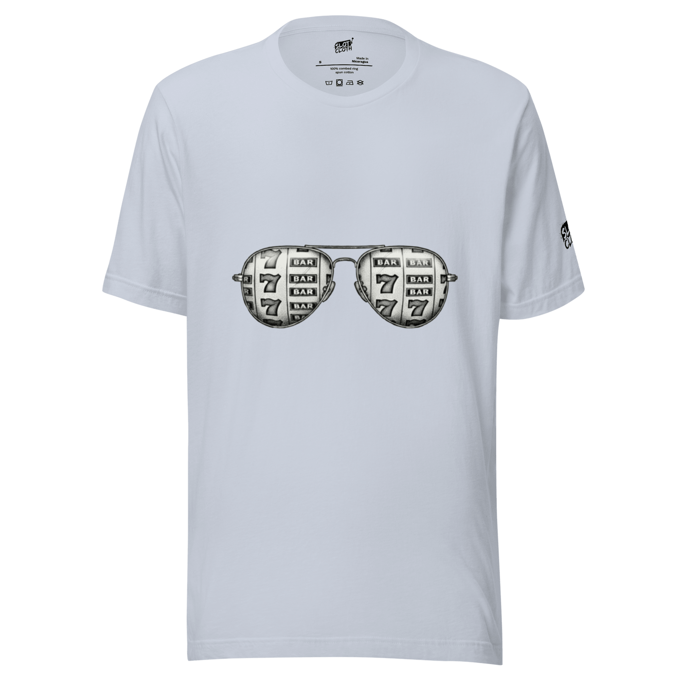 White t-shirt with slot machine sunglasses graphic, featuring 7s and BAR symbols for casino-themed fashion.