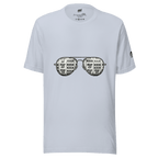 White t-shirt with slot machine sunglasses graphic, featuring 7s and BAR symbols for casino-themed fashion.