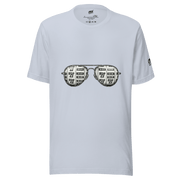 White t-shirt with slot machine sunglasses graphic, featuring 7s and BAR symbols for casino-themed fashion.