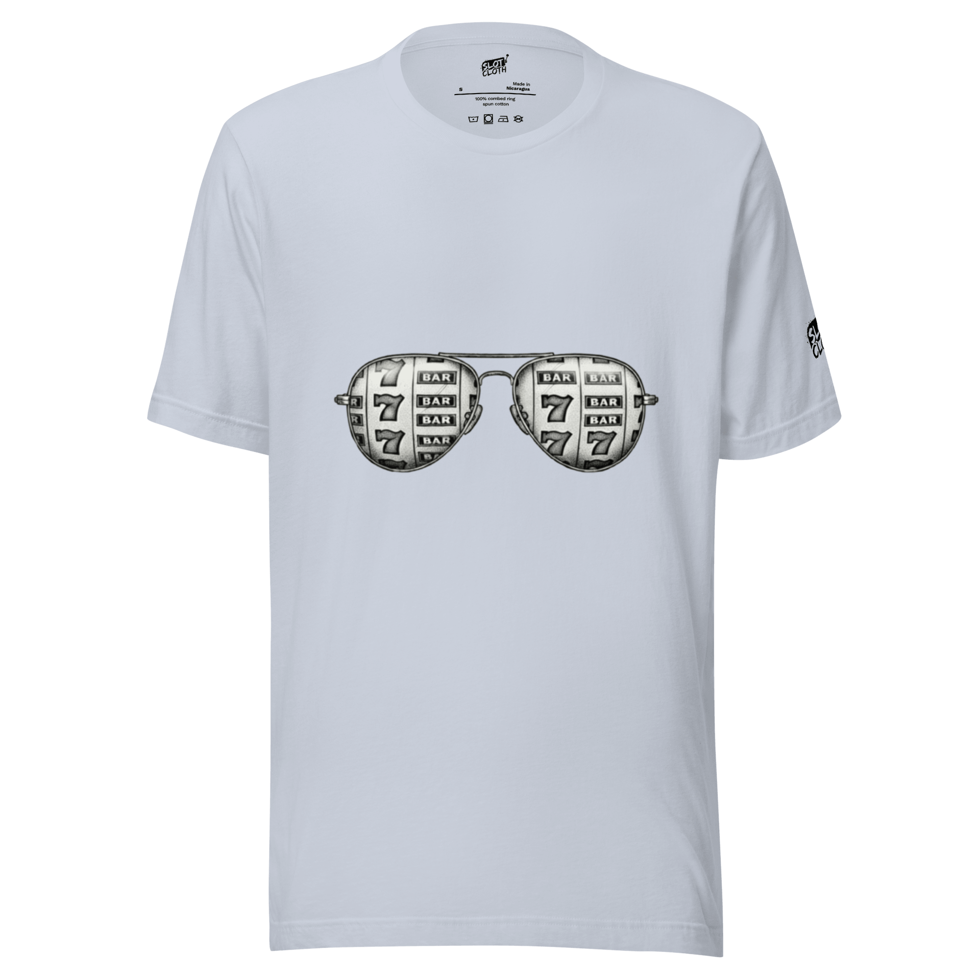 White t-shirt with slot machine sunglasses graphic, featuring 7s and BAR symbols for casino-themed fashion.