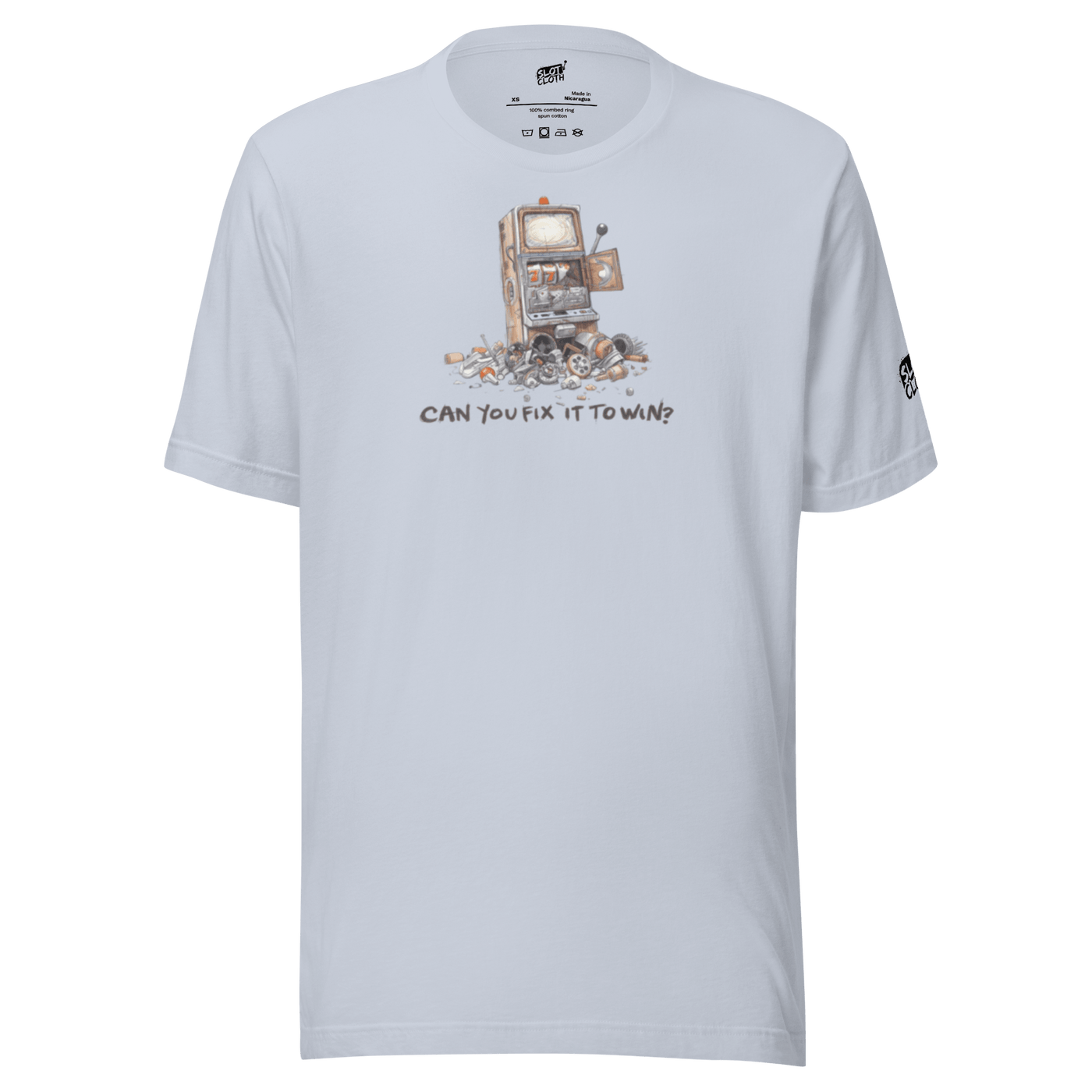 Slot-themed t-shirt with broken slot machine graphic and 'Can You Fix It To Win?' text