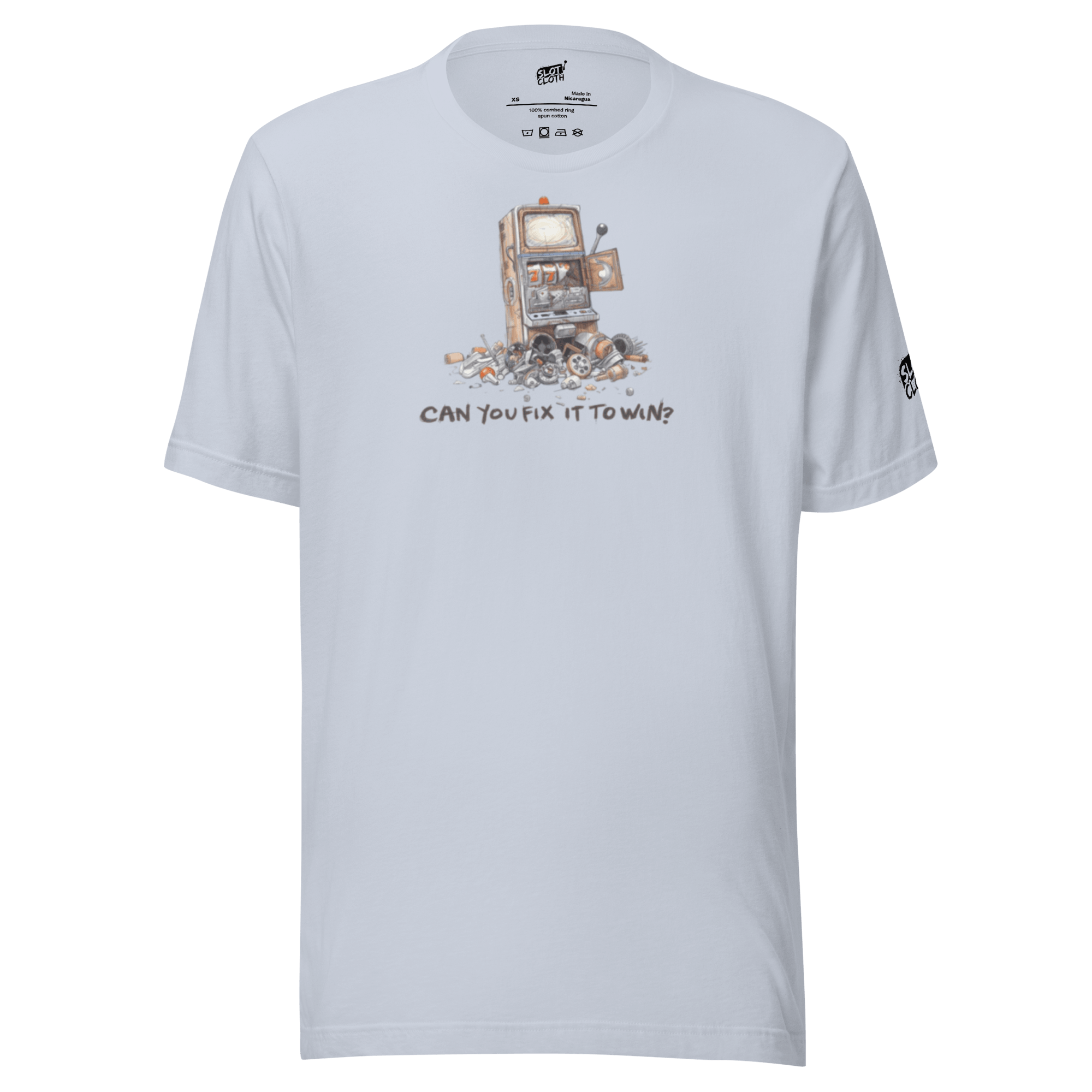 Slot-themed t-shirt with broken slot machine graphic and 'Can You Fix It To Win?' text