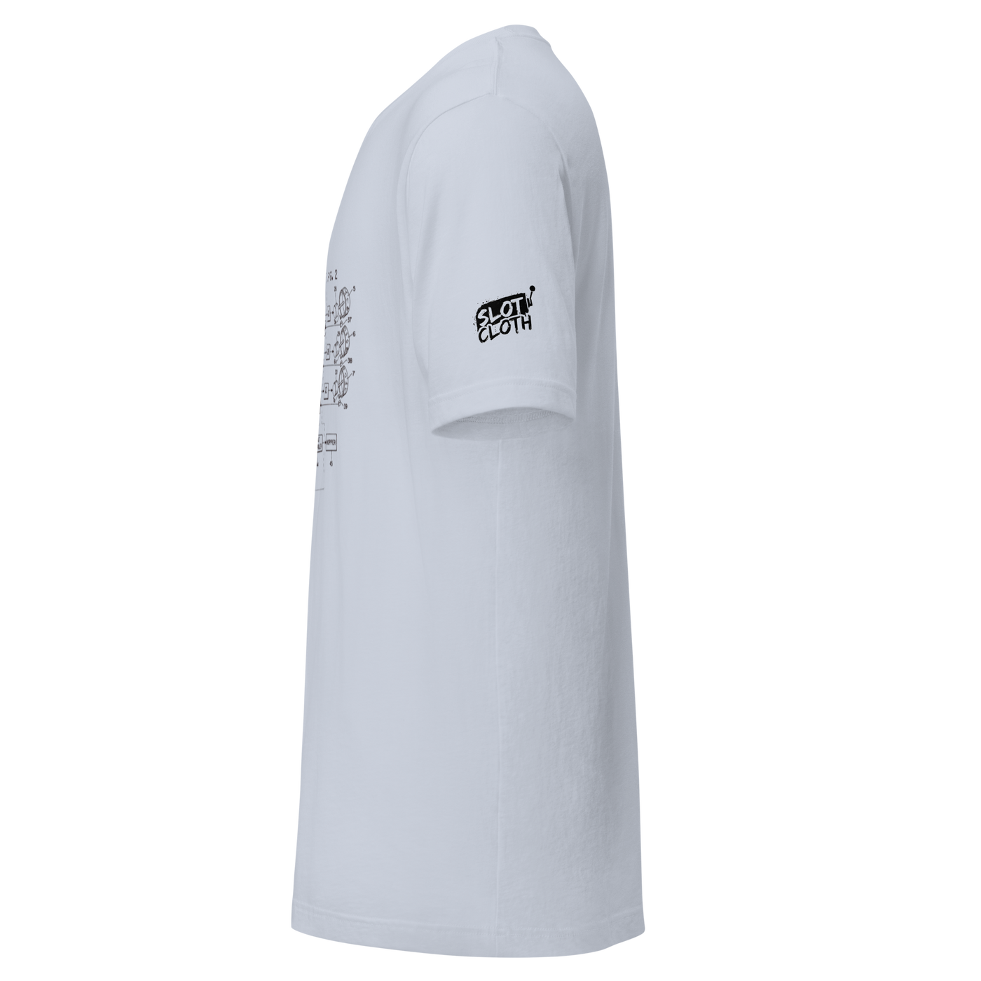 White slot-themed t-shirt with 'Slot Cloth' logo on sleeve and technical diagram print on side