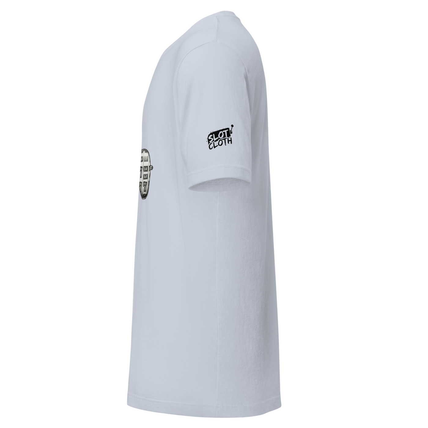 White slot-themed t-shirt with 'Slot Cloth' logo and vintage slot machine graphic on sleeve