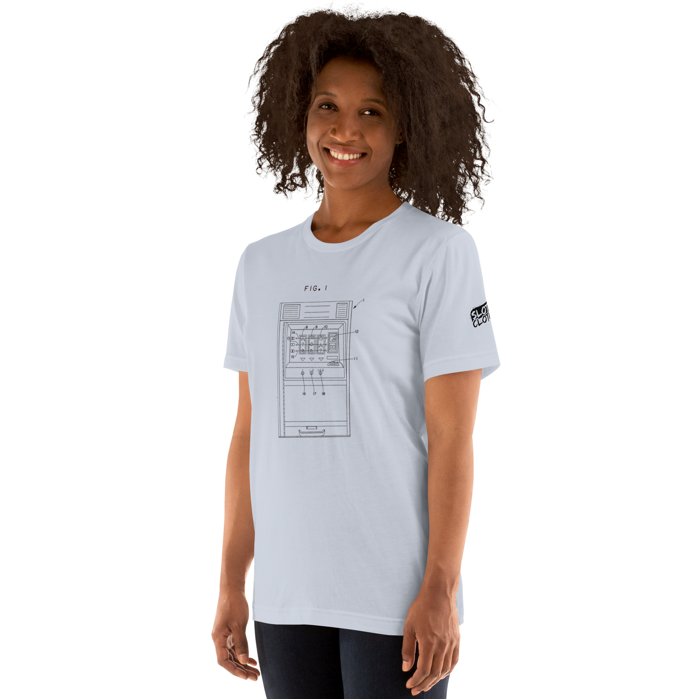 Woman wearing light blue t-shirt with slot machine patent diagram graphic, quirky casino-themed apparel