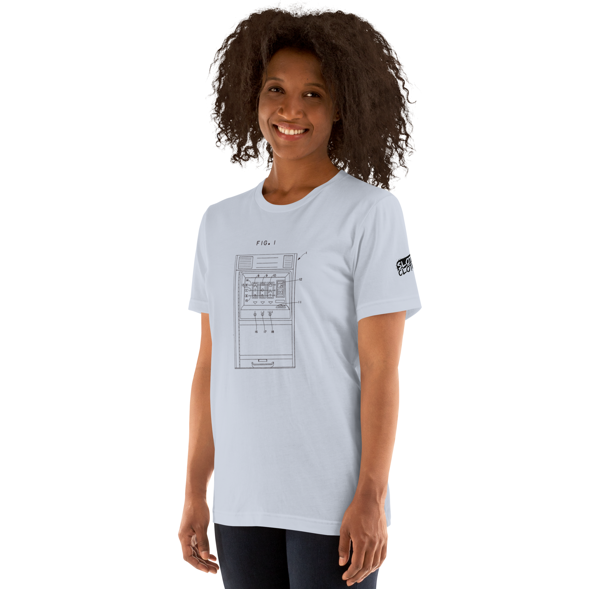 Woman wearing light blue t-shirt with slot machine patent diagram graphic, quirky casino-themed apparel